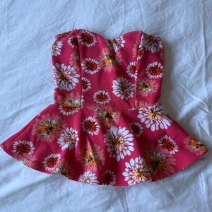 Flirty Floral Strapless Peplum Top - Pink Daisy Print - Size Small